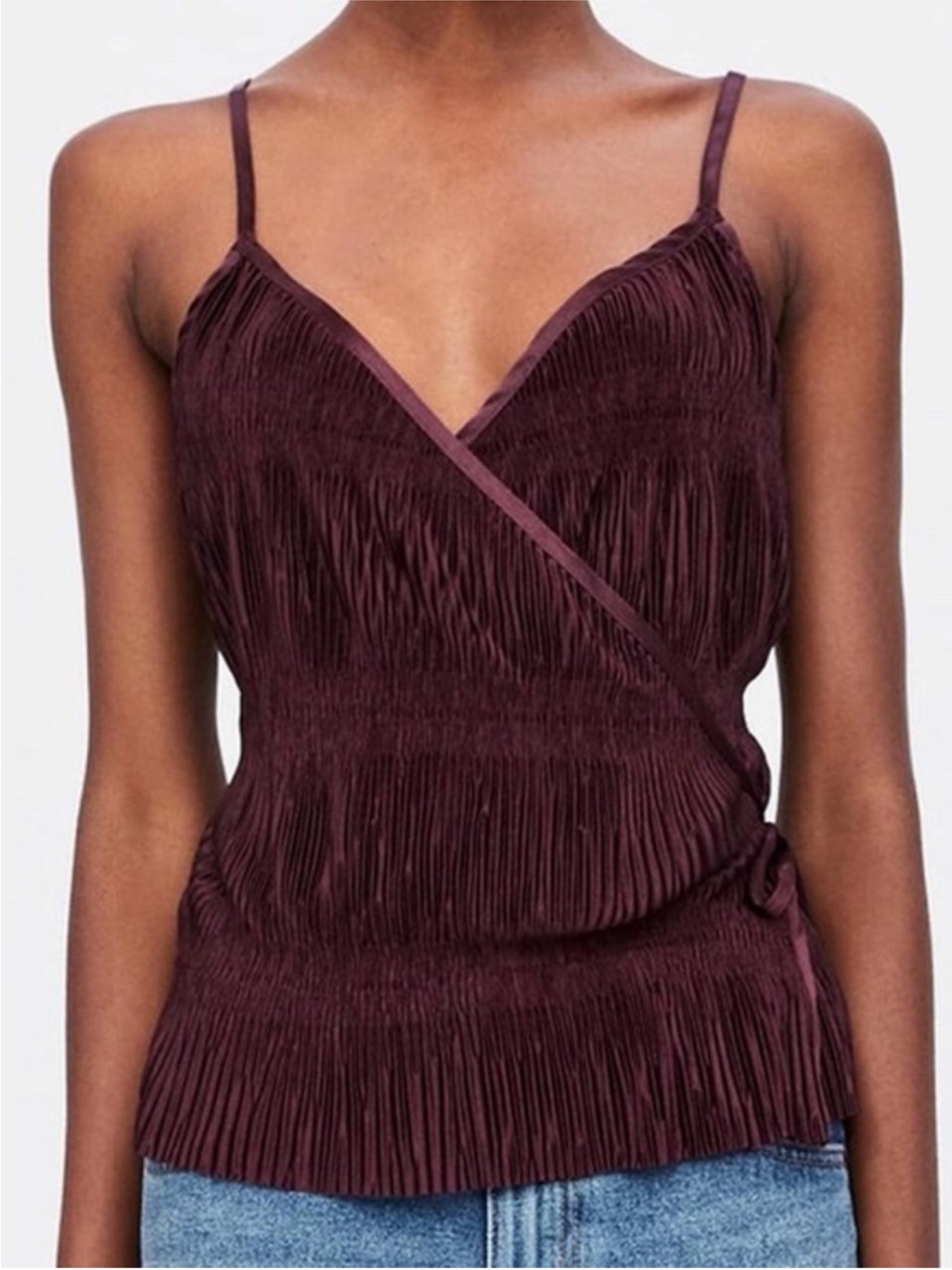 Zara Women Burgundy Satin Wrap Pleated Cami Tank Top Tie Waist V Neck Small